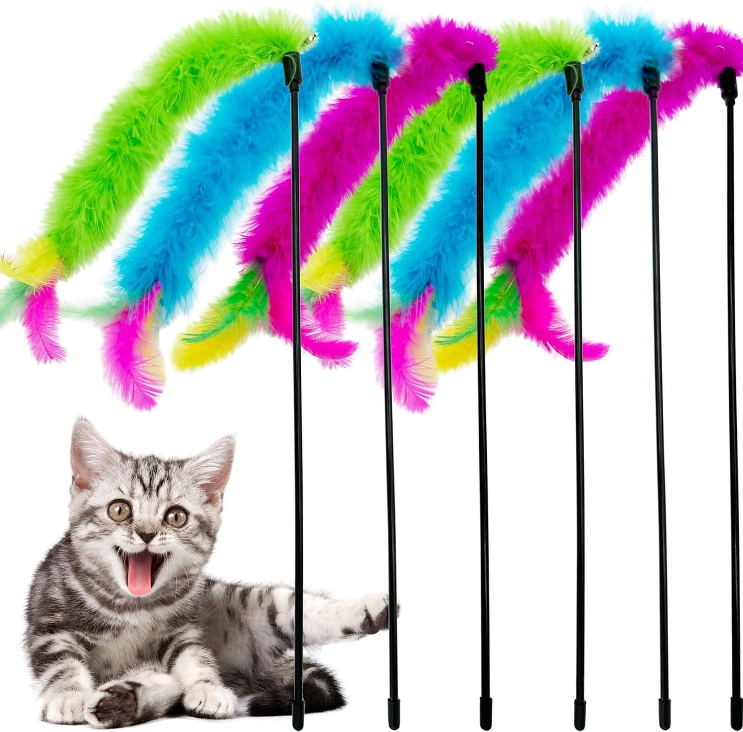 Cat Wand Feather Toys, 6 Pieces Interactive Cat Feathers Teaser Toy for Indoor Cats Play