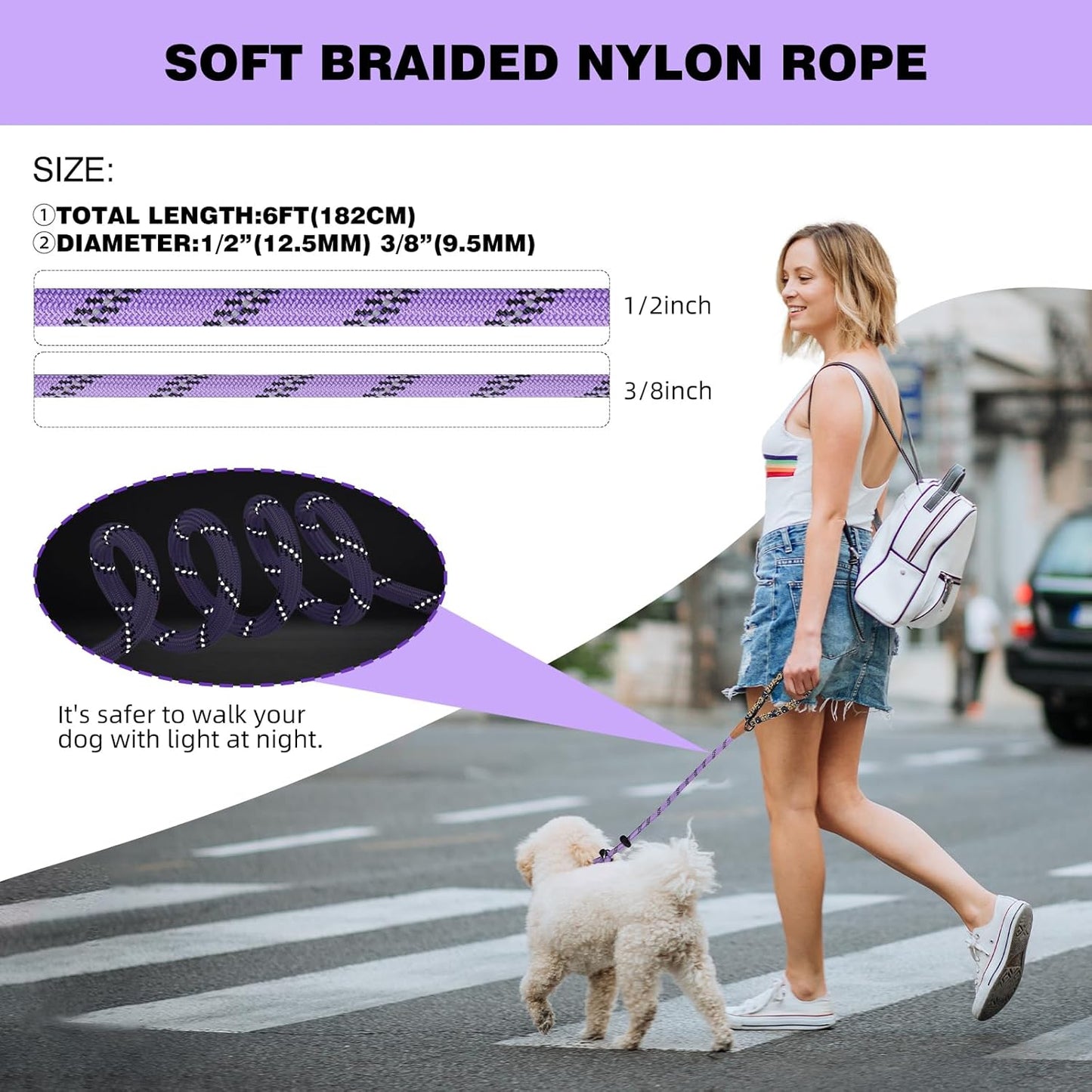 lynxking Slip Lead Dog Leash Reflective, Heavy Duty Comfortable Strong Rope for Large Medium Small Dogs No Pull Pet Training (Light Purple, 2PCS Large 1/2in x 6ft)