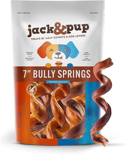 Jack&Pup Bully Springs for Dogs | 7" Spiral Bully Sticks for Dogs | Long Lasting, Stimulating, Odor Free Bully Sticks (8 Ct)