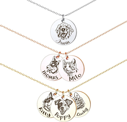 Anavia Personalized Pet Portrait Necklace, Handmade Memorial Jewelry Gift, Custom Round Disc Photo Engraved Necklace for Animal Lovers, Dog Mom, Dog Dad
