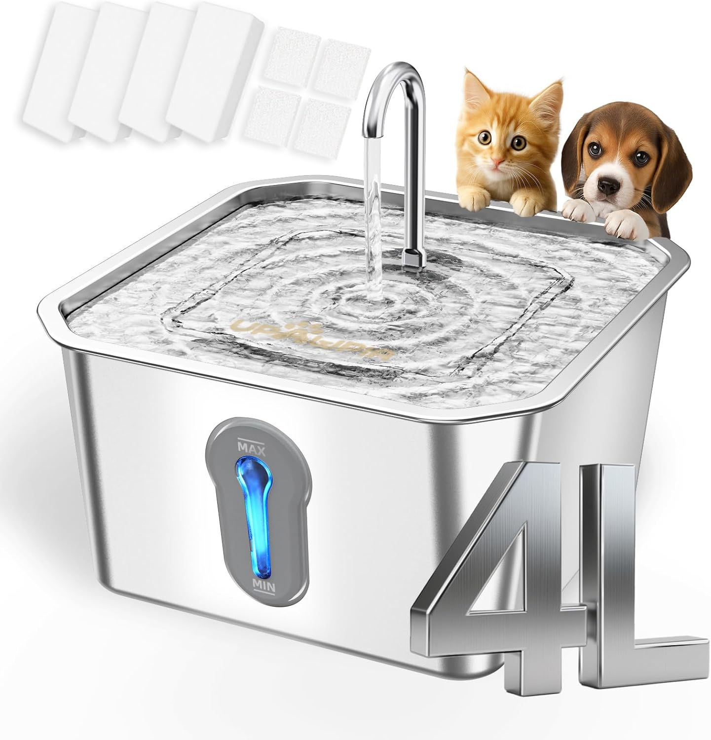 Cat Water Fountain Stainless Steel 135oz/4L Pet Water Fountain for Cats Indoor with 8 Filters Pets Dog Small Animal Automatic Dog Water Dispenser with 4 Filters 4 Sponge Quiet