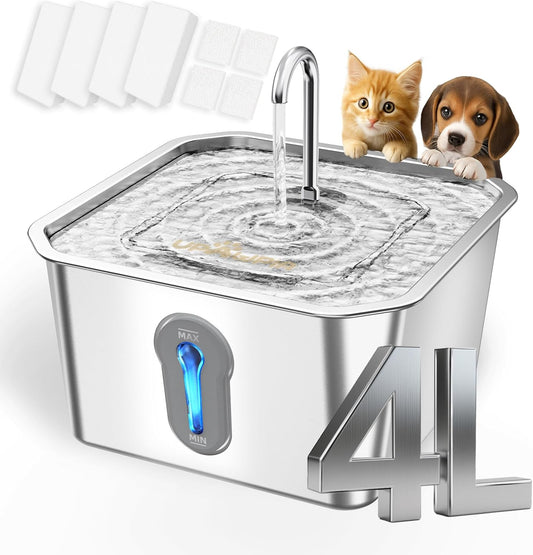 Cat Water Fountain Stainless Steel 135oz/4L Pet Water Fountain for Cats Indoor with 8 Filters Pets Dog Small Animal Automatic Dog Water Dispenser with 4 Filters 4 Sponge Quiet