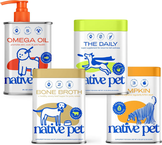Native Pet Dog Wellness Bundle: Beef Bone Broth (48 Servings), Daily Multivitamin (30 Scoops), Pumpkin Fiber Support (30 Scoops), & Omega Oil for Dogs Skin, Coat and Joints (8 Oz.)