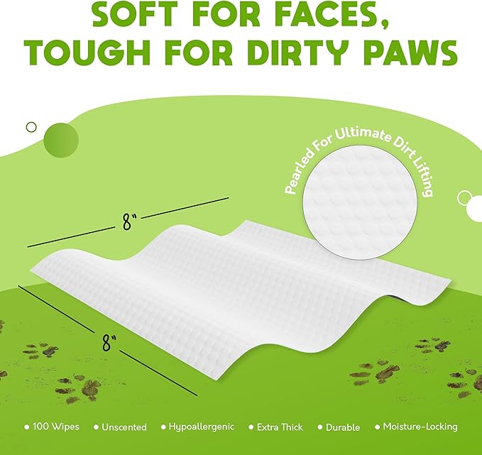 Lick-Safe Pet Wipes for Dogs & Cats - Vet-Approved & Hypoallergenic - Cleans Mud, Odors & Dander - Feline & Dog Wipes for Paws, Face & Butt - Earth-Friendly & Unscented Cat Cleaning - Pack of 100