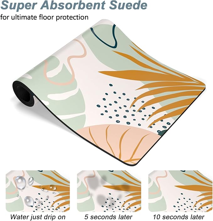 Rnivvi Dog Food Mat, 12" x 19" Boho Absorbent Dog Cat Bowl Mat for Food and Water, Cute Anti-Slip Rubber Pet Feeding Rug Protect Floors, Puppy Placemat for Feeding & Watering Supplies, Tropical Leaves