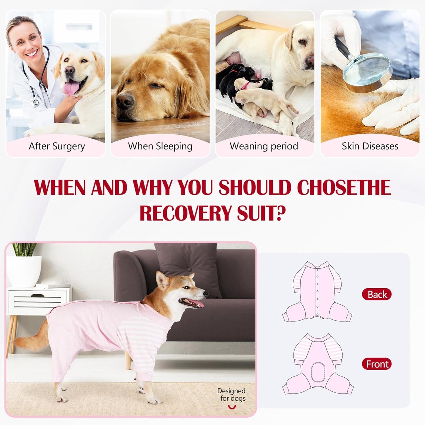 Dog Recovery Suit, Abdominal Wound After Surgery Wear, Anti Licking Bodysuit with Snaps, E-Collar & Cone Alternatives, Striped Dog Spay Surgical Pajamas Prevent Shedding(Medium, Pink)