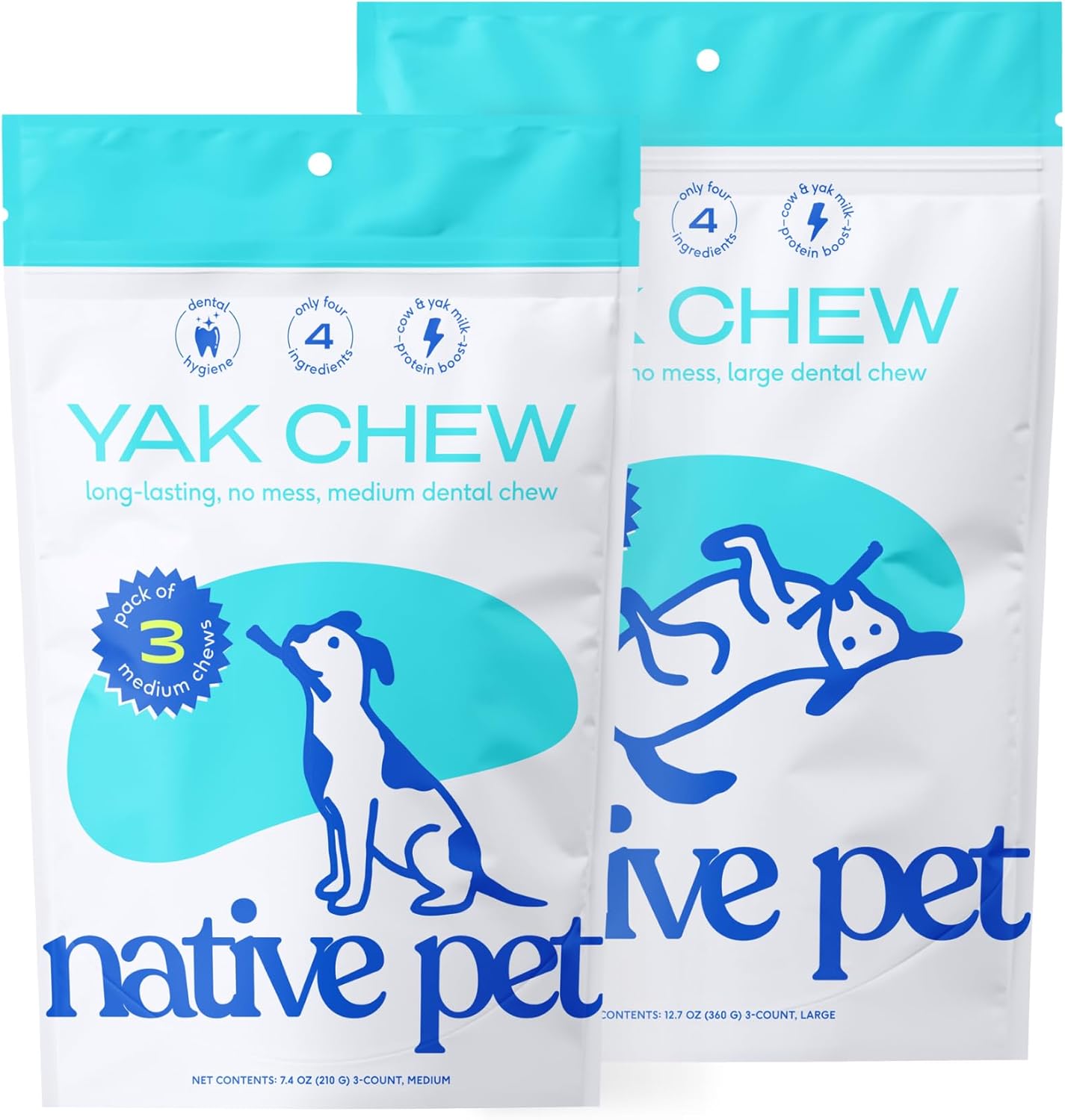Native Pet Yak Chews for Dogs (3 Medium) & (3 Large) - All Natural Dental Chew for Dogs Made with Yak Cheese for Aggressive Chewers