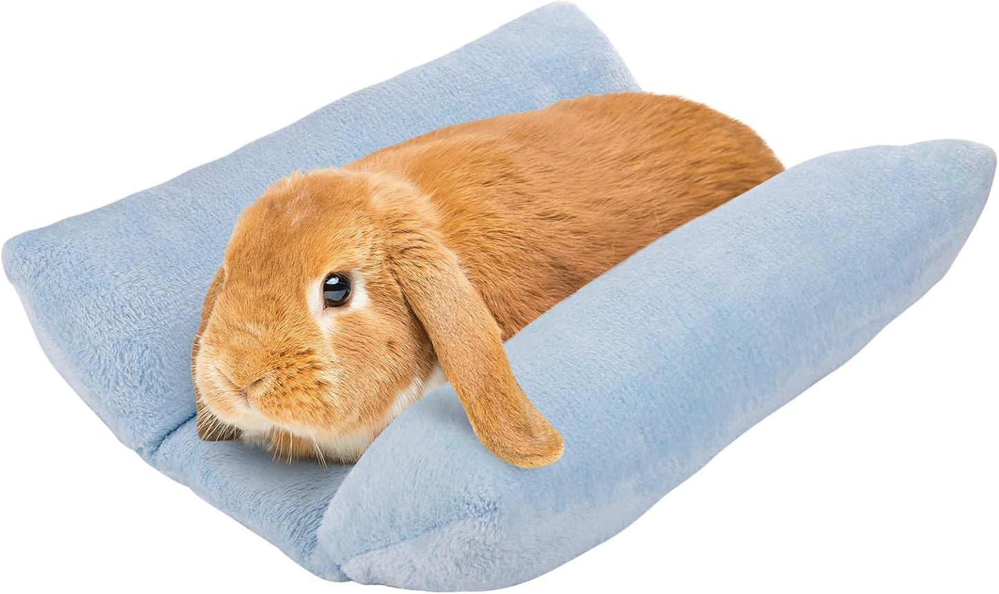 MEWTOGO 15.7 x 14In Rabbit Bed - Thickened Soft Bunny Concave Bed, Cuddle Cushion Plush Mat with Cotton Lounger Pillows, Small Pet Flop Mat for Cage Sleeping Indoor Bunny Gifts, Light Blue
