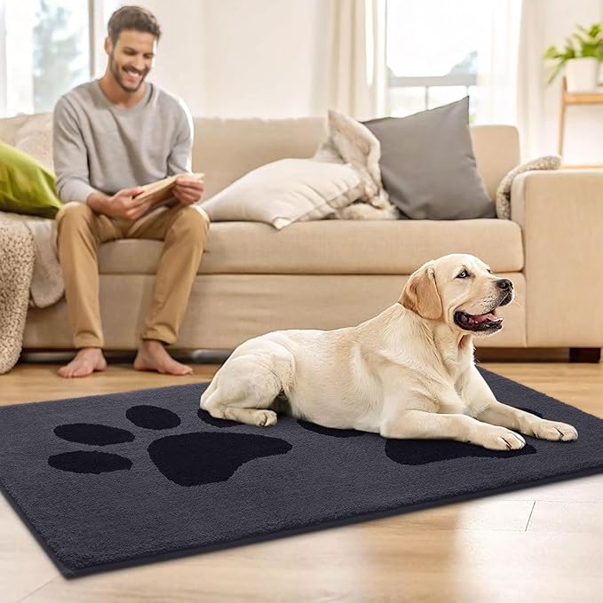 Buganda Dog Door Mat for Muddy Paws, Absorbent Dirt Trapper Washable Indoor Doormats, Non Slip Low-Profile Mud Mat for Dogs, Front Entrance Doormat for Inside Floor (59x35 Inches, Black)
