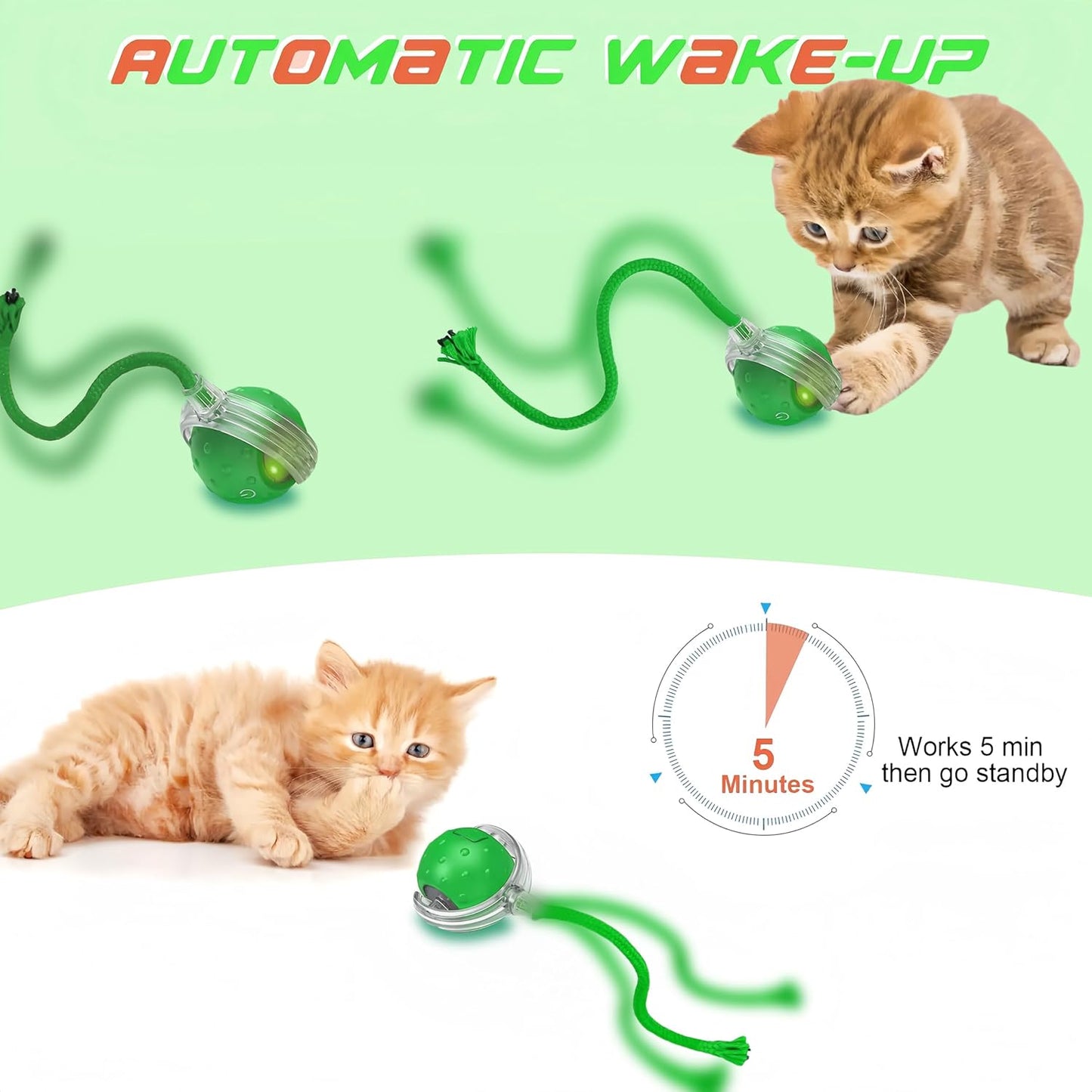 Interactive Cat Toys Ball for Indoor Cats,[2025 Newly Upgraded] Agile Moving Cat Ball with Elastic Mesh Tail,Automatic Kitten Toys for Bored Indoor Adult Cats,Motion Activated (Green)