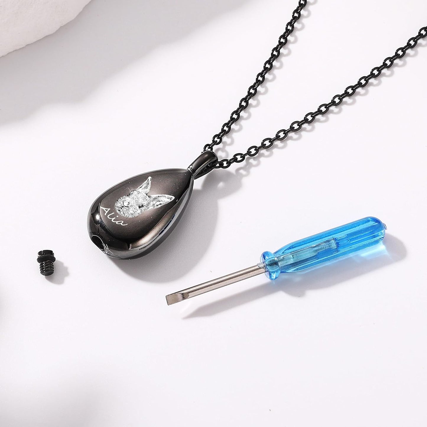 MMXX Personalized Pet Portrait Teardrop Urn Necklace with Name/Photo Stainless Steel Pendant - Cremation Jewelry for Pet Memorial Gifts - Funnel Kit Included