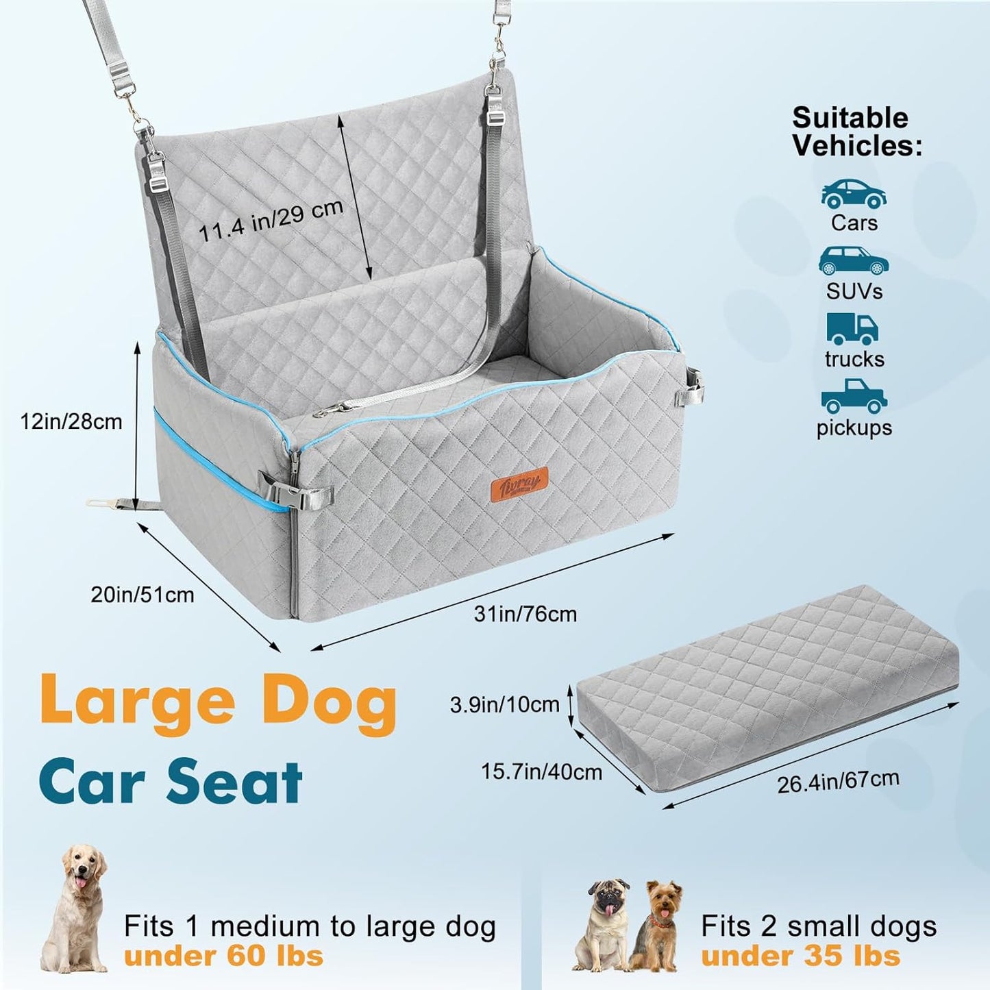 Large Dog Car Seat, Dog Car Bed for Large Dogs Under 60 lbs or 2 Small Breeds, Comfortable Pet Booster Seat with Memory Foam Thick Cushion, Detachable & Washable Pet Bed for Backseat, Grey