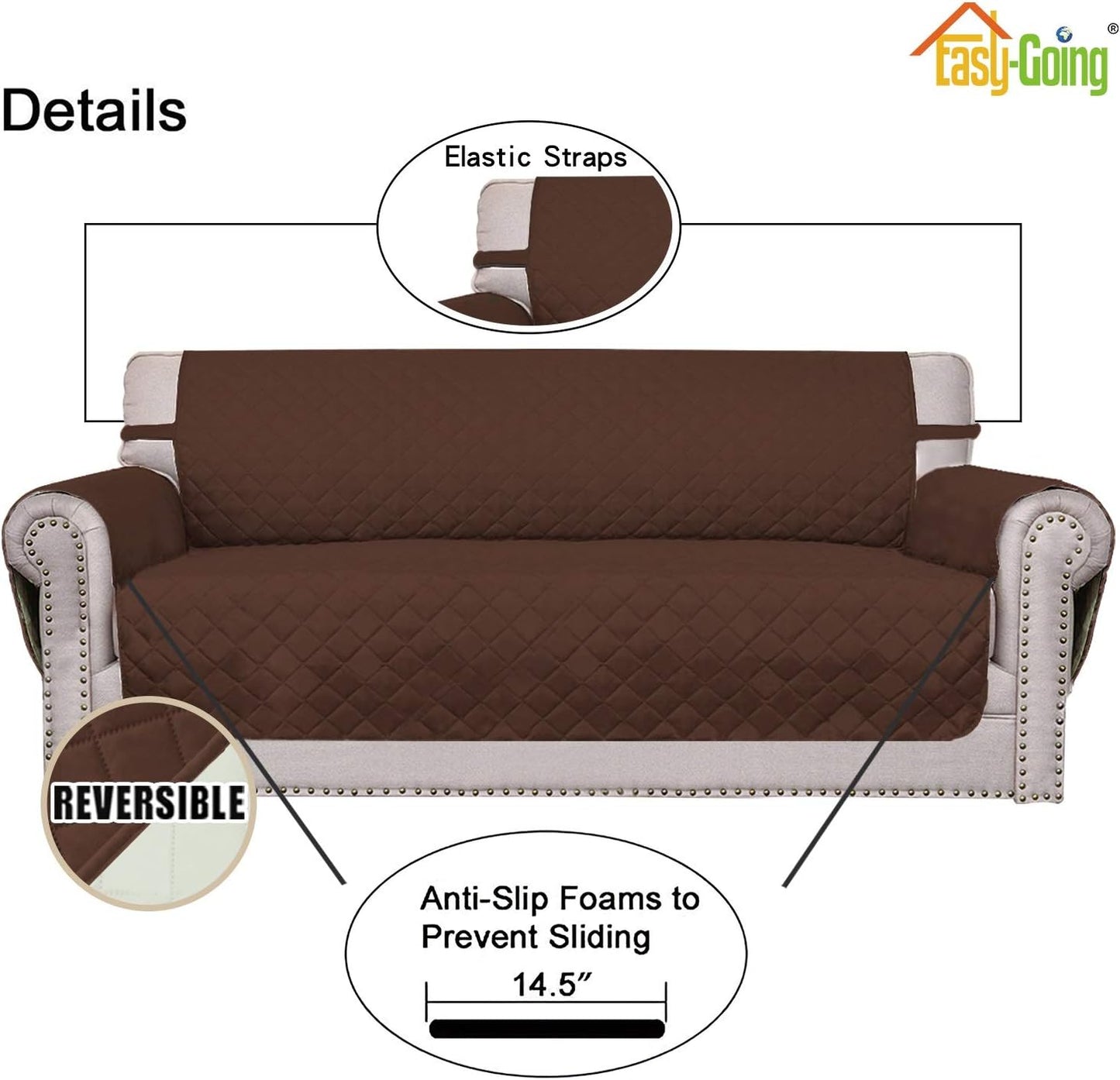 Easy-Going Reversible Couch Cover for 3 Cushion Couch Sofa Cover for Dogs Water Resistant Furniture Protector Cover with Foam Sticks Elastic Straps for Pet Cat (Sofa, Coffee/Ivory)