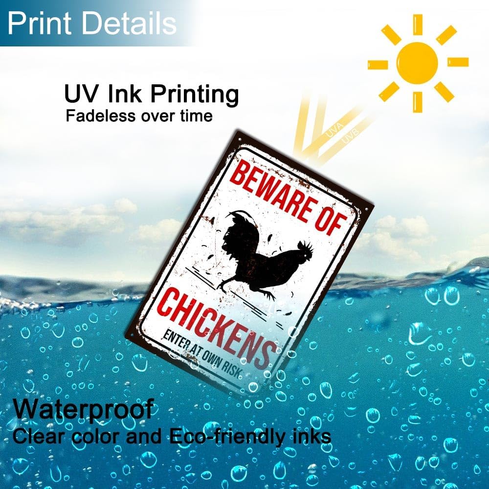 Vintage Beware of Chickens Metal Sign Funny Chicken Coop Sign for Farm 8 x 12 inch