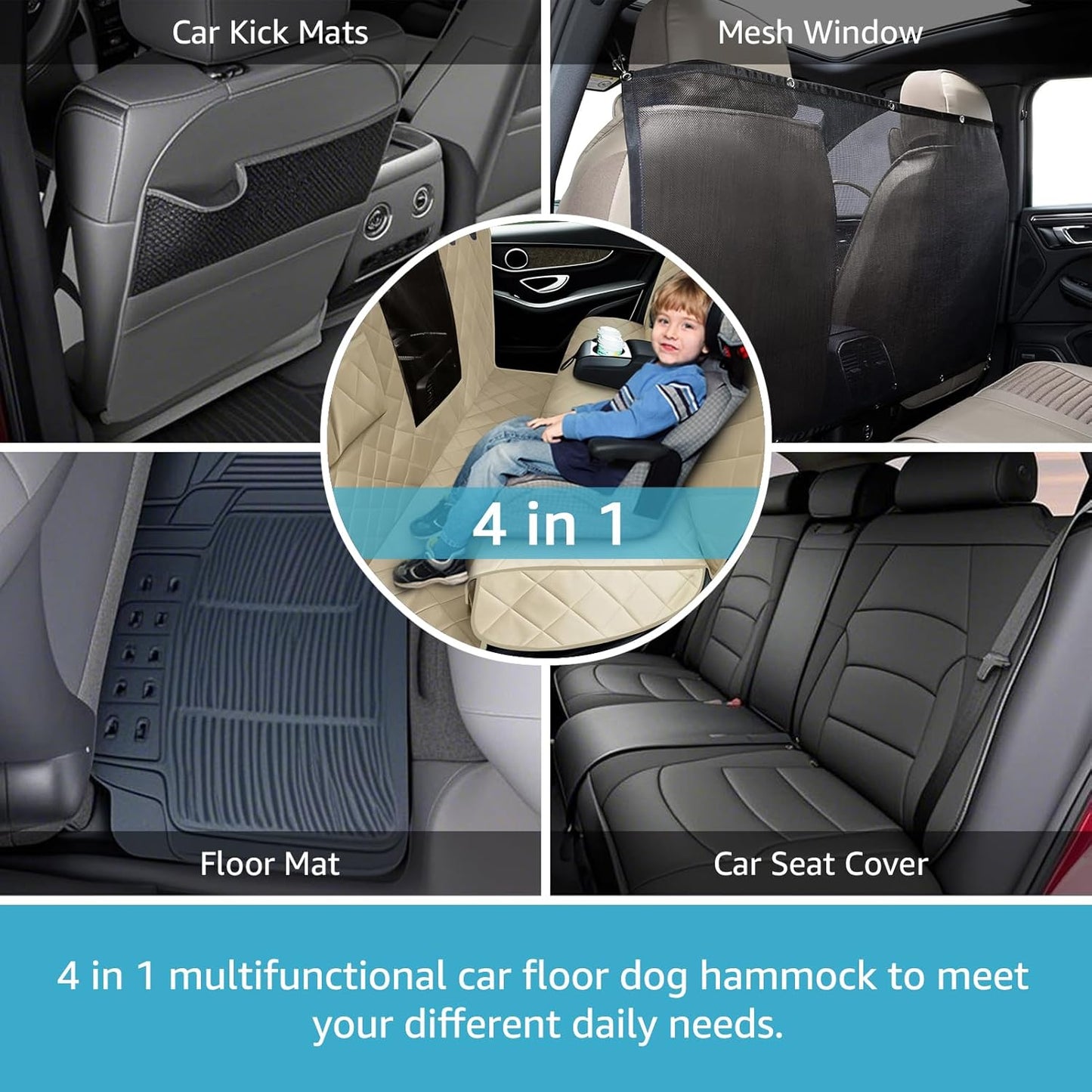 Lassie 4 in 1 Full Coverage Dog Car Floor Hammock,100% Waterproof Dog Car Seat Covers for Back Seat with Mesh Window for Sedans,Backseat Bench Protector for Cars, SUVs and Trucks etc