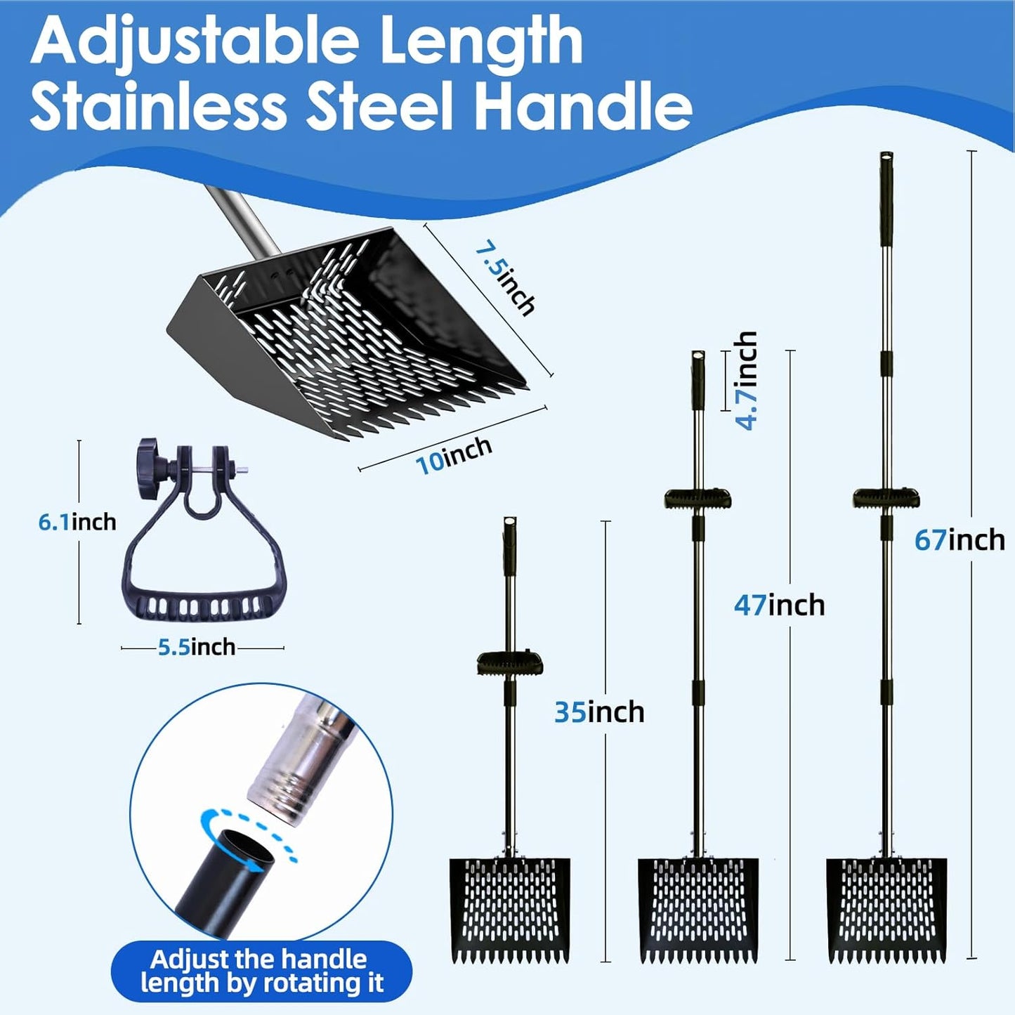 DEMARRE Chicken Poop Scooper for Sand,2-in-1 Poop Scooper for Chicken Coop with 35" to 65" Stainless Steel Handle, Heavy Duty Chicken Coop Rake, Litter Scooper Sifting Shovel for Chicken Coop & Pet