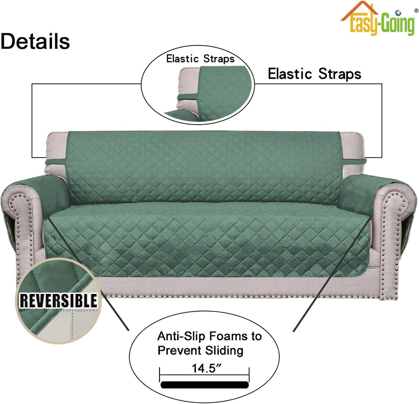 Easy-Going Reversible Oversized Couch Cover for 3 Cushion Couch Sofa Cover for Dogs Water Resistant Furniture Protector Cover with Foam Sticks for Pet Cat (Oversized Sofa, Cyan/Ivory)