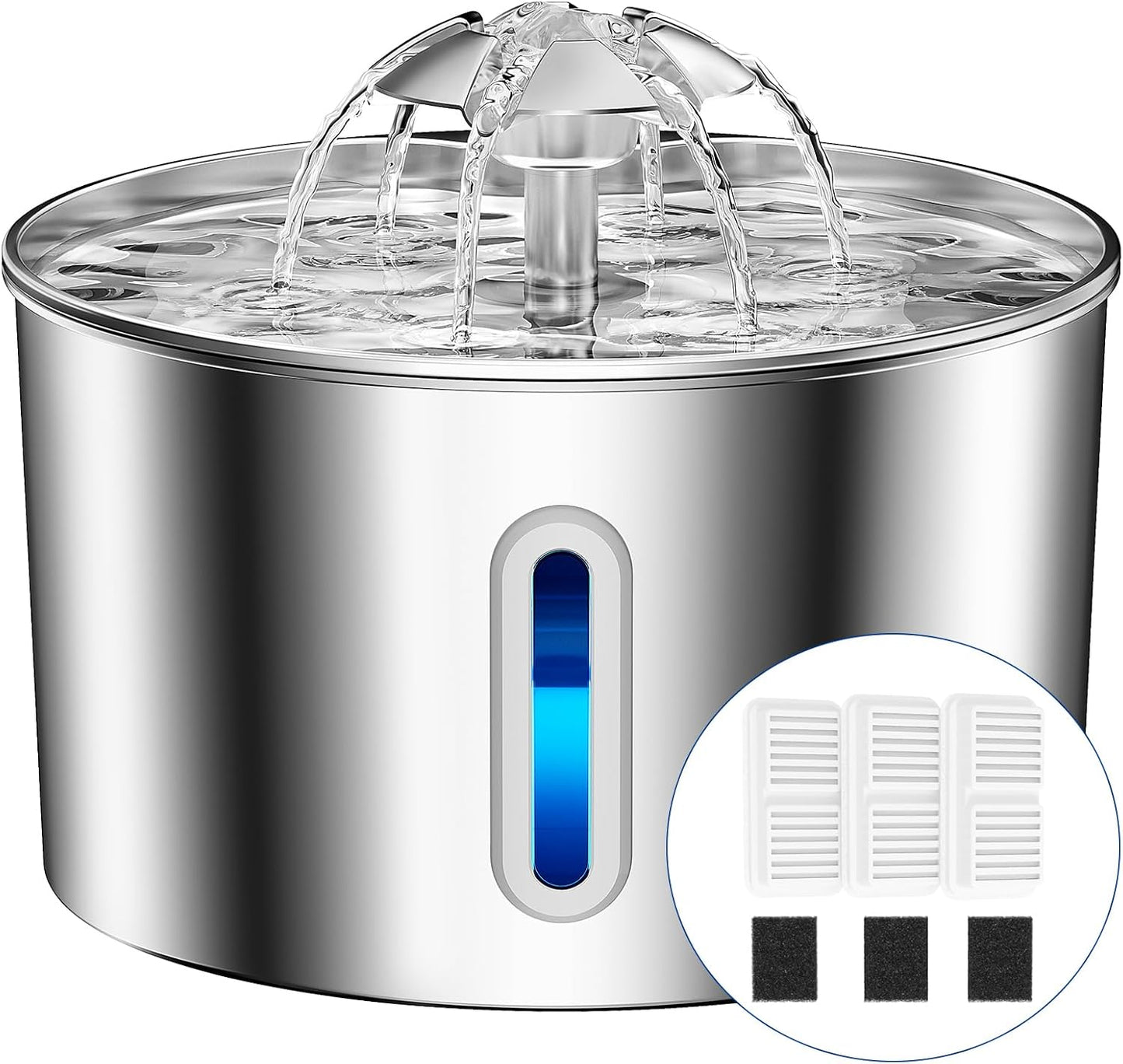 Cat Water Fountain Stainless Steel - 74oz/2.2L Corded Pet Water Dispenser Automatic Silent Cats Dispenser for Drinking Inside Indoor Metal Kitty Spout Fountain with 3 Filters & 3 Sponges