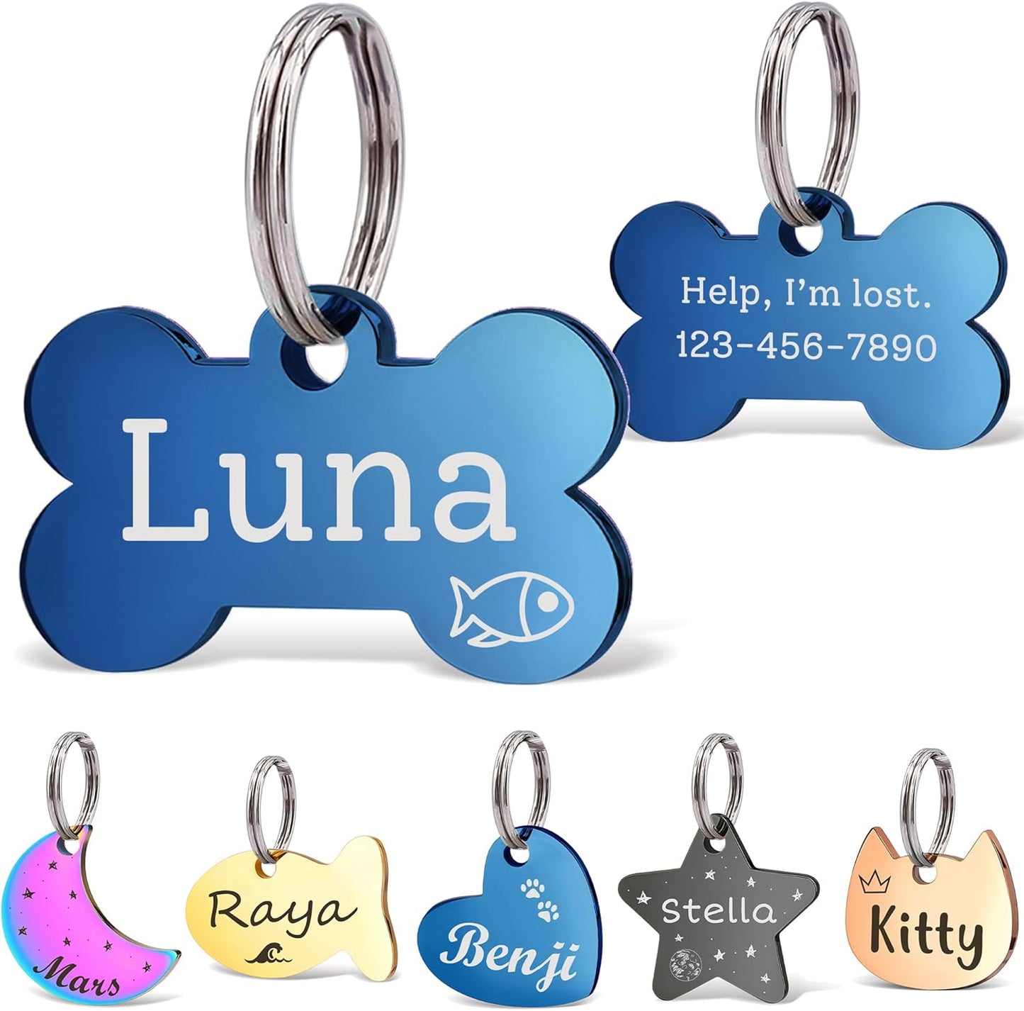 Anavia Small Size Dog Cat ID Tags, Small/XS Personalized Color Plated Stainless Steel Puppy Kitten Name Tags, Customized Engraved Nameplate Pet Collar Tag (Blue, Bone)