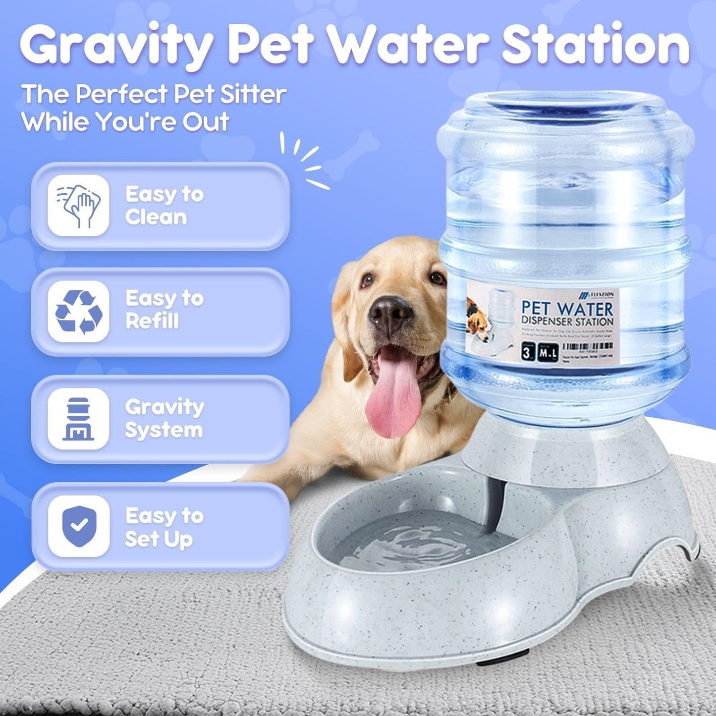 Flexzion Gravity Pet Water Dispenser Drinking Station for Dogs Cats (3 Gallon) Automatic Replenish Waterer for Small Large Breed Dog Cat,Feeding Watering Fountain Supplies Bottle Dish Bowl