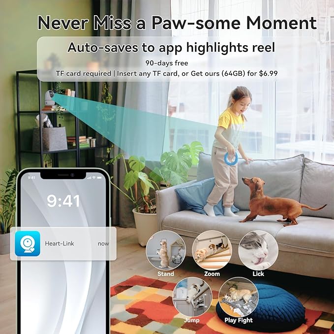 Heart Link Indoor Camera, 2.5K Pet Camera with Speaker for Dogs and Cats, 90-Day Cloud Storage, Phone App, AI Human & Pet Detection, 360° View, Night Vision, 2-Way Audio