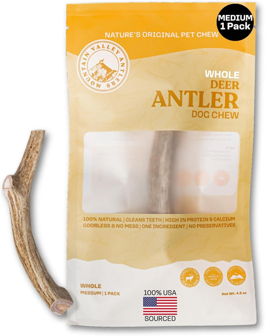 Mountain Valley Deer Antlers for Dogs - 100% Natural & Organic Chew for Aggressive Chewers, No Odor, No Mess, Long Lasting - Wild-Foraged Naturally Shed Antlers in USA - Grade A, Whole Medium (1 Pack)