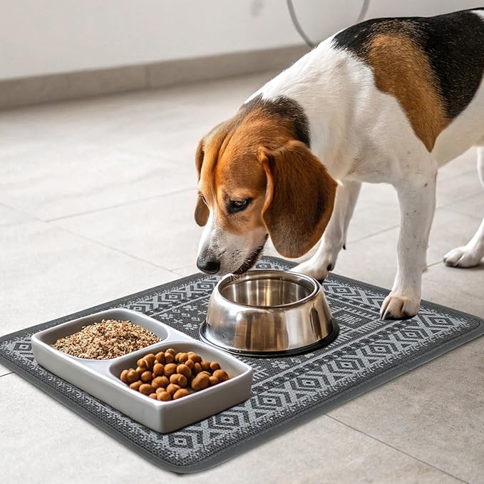 PUPTECK Dog Food Mat, Absorbent Pet Cat Feeding Mat for Food and Water Bowls, Anti-Slip Dog Placemat for Floors Waterproof, Pet Supplies Accessories, Gray XL