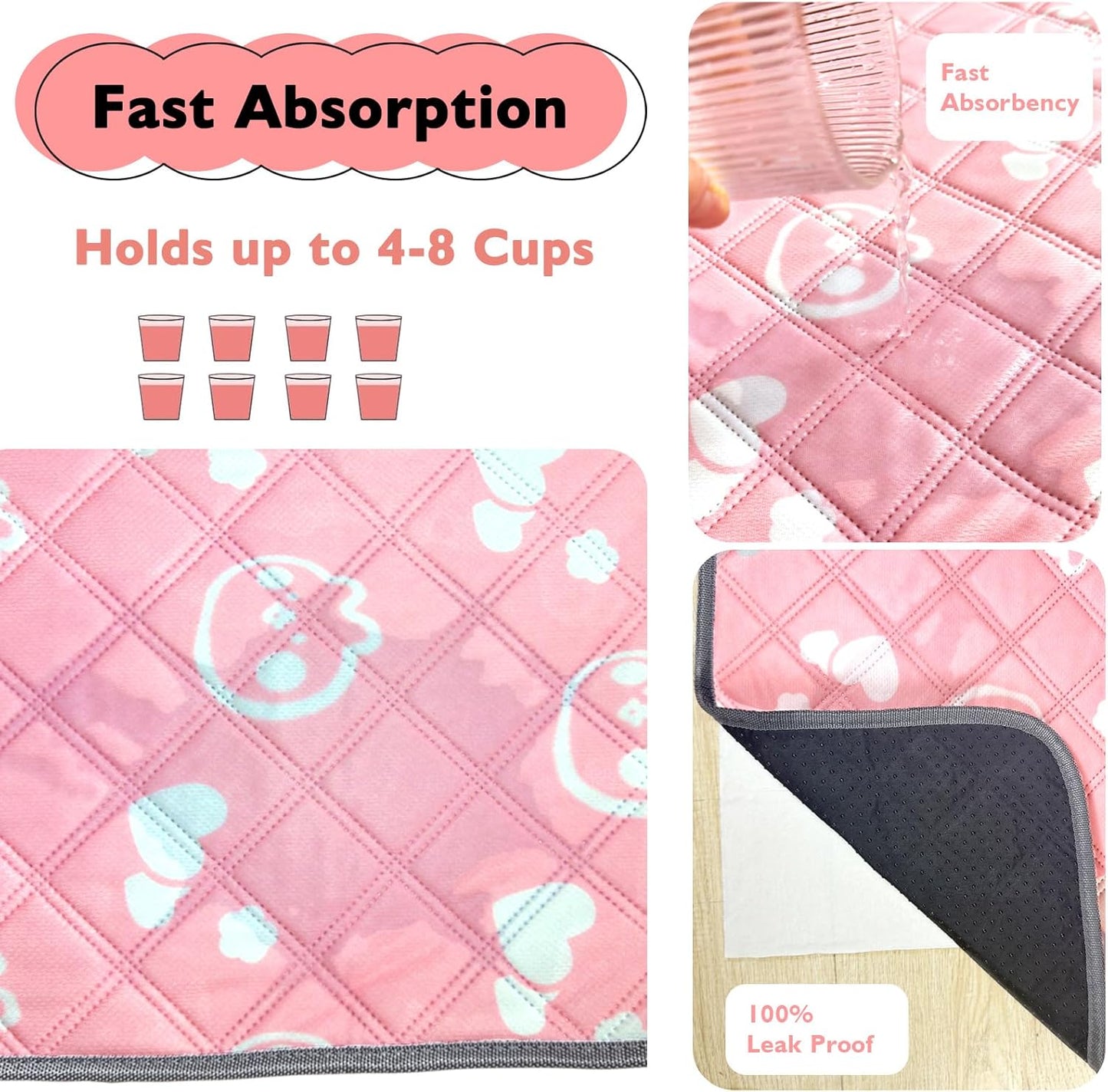 4 Pack Guinea Pig Bedding - Washable Guinea Pig Liners for Midwest Cage, Waterproof Reusable Pee Pads Super Absorbent Mats for Small Animals Pet Rabbit Bunny Hamster Rat (Pink, 48 x 24 Inch)