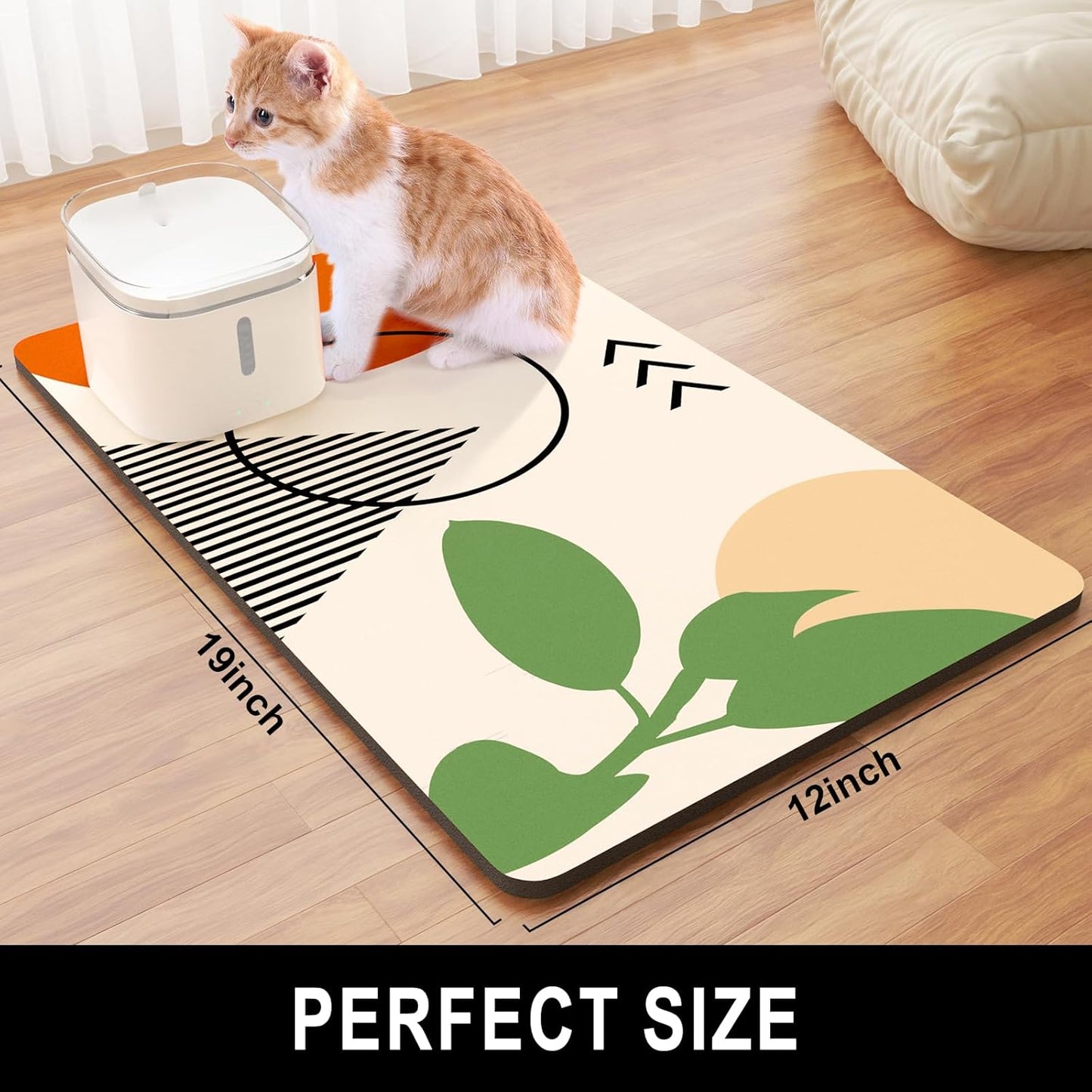 Dog Food Mat, 12" x 19" Absorbent Dog Cat Bowl Mat for Food and Water, Cute Anti-Slip Rubber Pet Feeding Rug Protect Floors, Placemat for Feeding & Watering Supplies, Modern Abstract Art