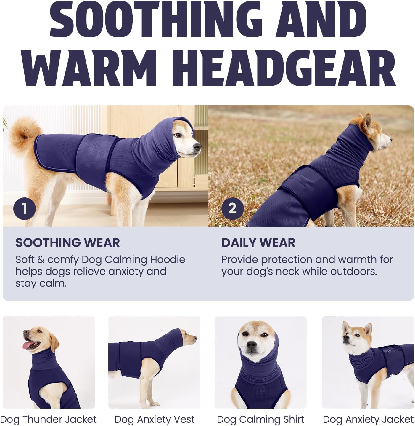 Dog Anxiety Vest and Coat, Skin-Friendly Anxiety Calming Hoodie with Ear Wrap, Dog Jacket for Thunder, Fireworks, Travel, Vet Visits and Separation - Keep Pet Calm Without Medicine & Training