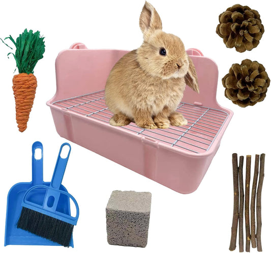 11Pcs Rabbit Litter Box Toilet,Bunny Corner Litter Bedding Plastic Square Grate Guinea Pig Bunny Ferret Hamster Hedgehog, Potty Trainer Bedding Box for Guinea Pig Ferret Hamster Hedgehog (Pink)