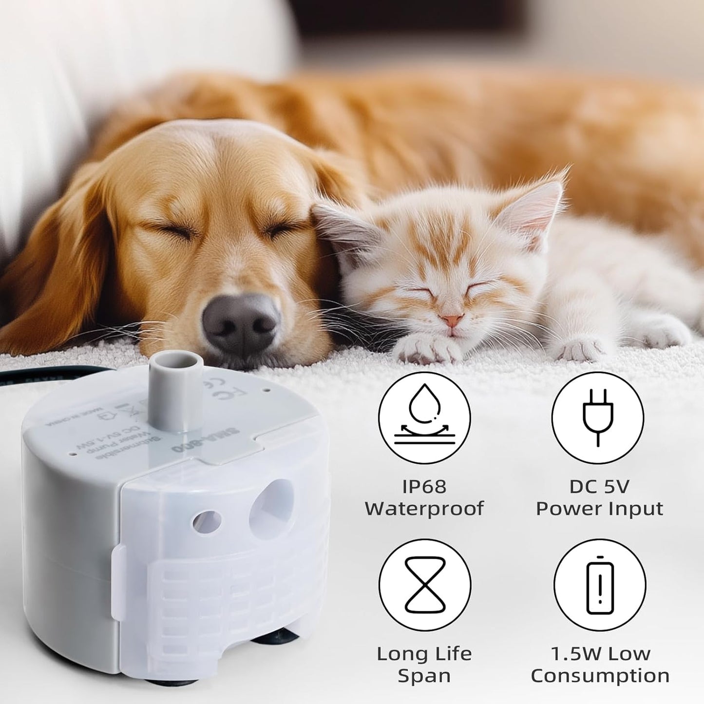 Ultra-Quiet Replacement Pump for Stainless Steel Cat Water Fountains - SMA-800 Motor - Safe and Easy to Clean with Low Voltage DC 5V and USB Cable (Bottom Suction Pump)