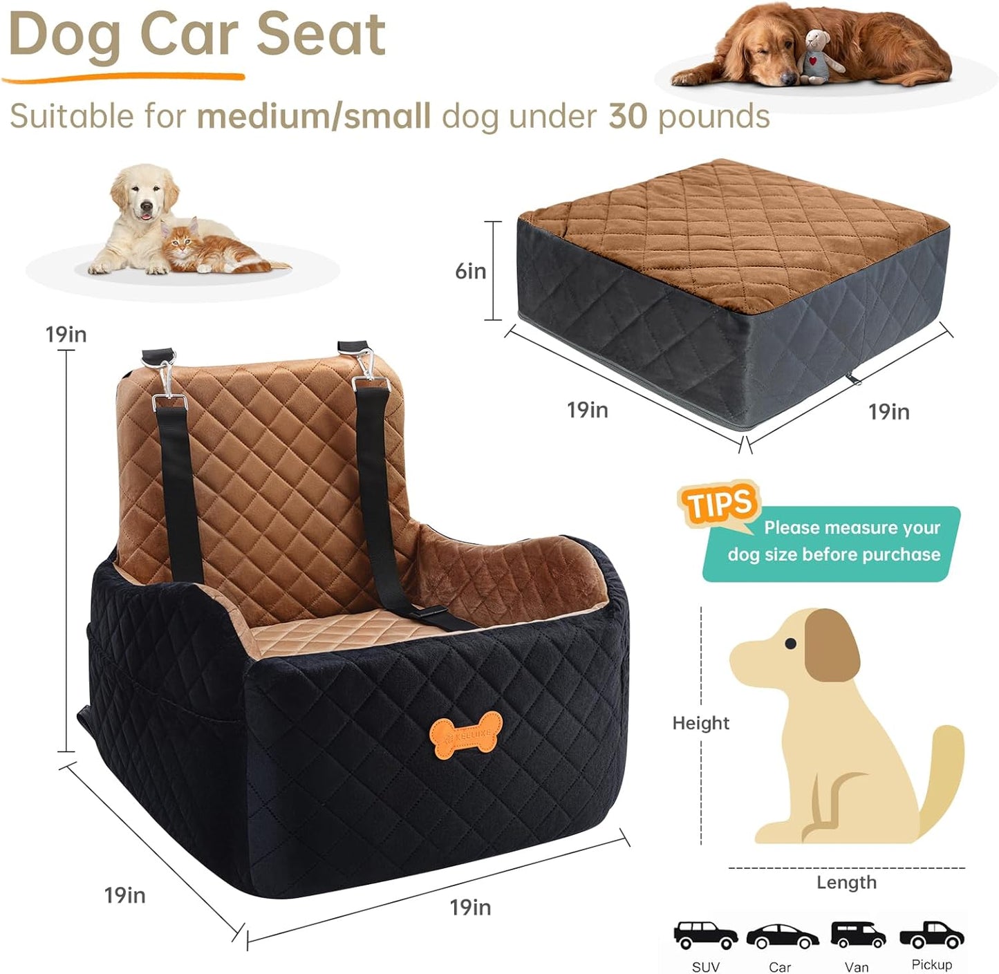 Dog Car Seat for Small Dogs, Dog Booster Seat Filling in Thick Memory Foam with 2 Safety Leashes and Storage Pocket, Suitable for Pet Under 30lb or 2 Puppies (Brown/Black)
