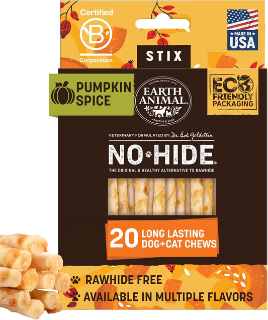 Earth Animal No-Hide Seasonal Stix Pumpkin Spice Recipe Natural Rawhide Alternative Dog & Cat Chews - 20 Count Value Pack