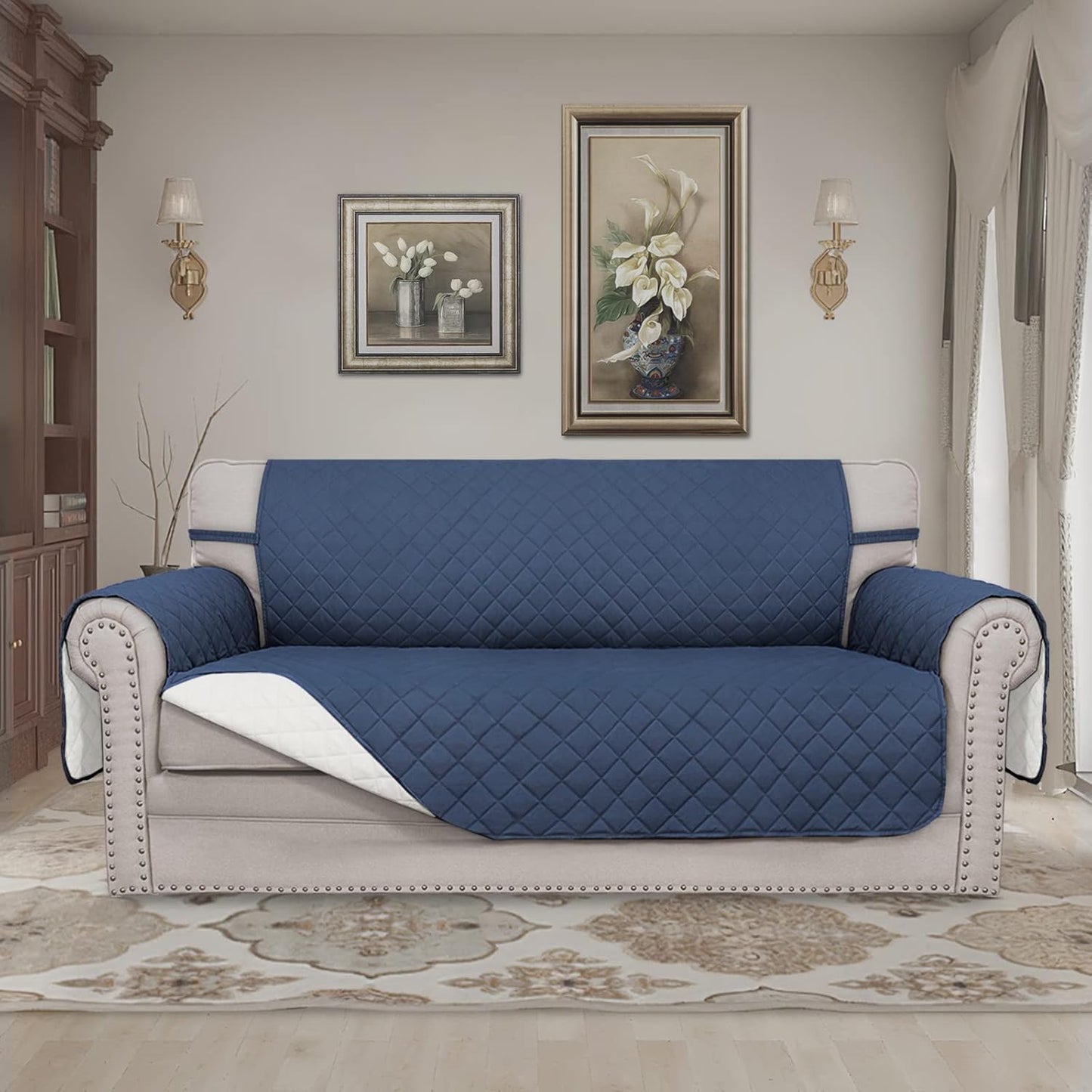 Easy-Going Sofa Slipcover Reversible Loveseat Sofa Cover Couch Cover for 2 Cushion Couch Furniture Protector with Elastic Straps for Pets Kids Dog Cat (Oversized Loveseat, Dark Blue/Ivory)