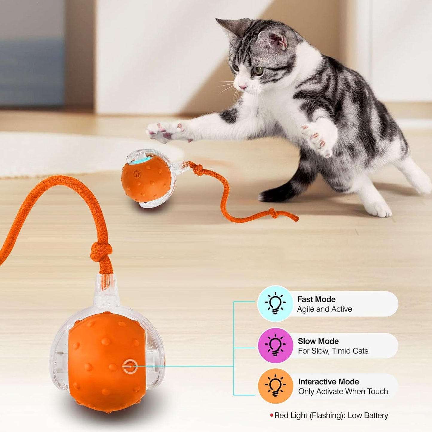 Electric Interactive Cat Toy Ball - Automatic Rolling Silicone Cat Toys for Indoor Cats, Durable Chew-Proof Motorized Kitty Ball with LED Light, Fun Exercise Toys for Bored Kittens（Orange）