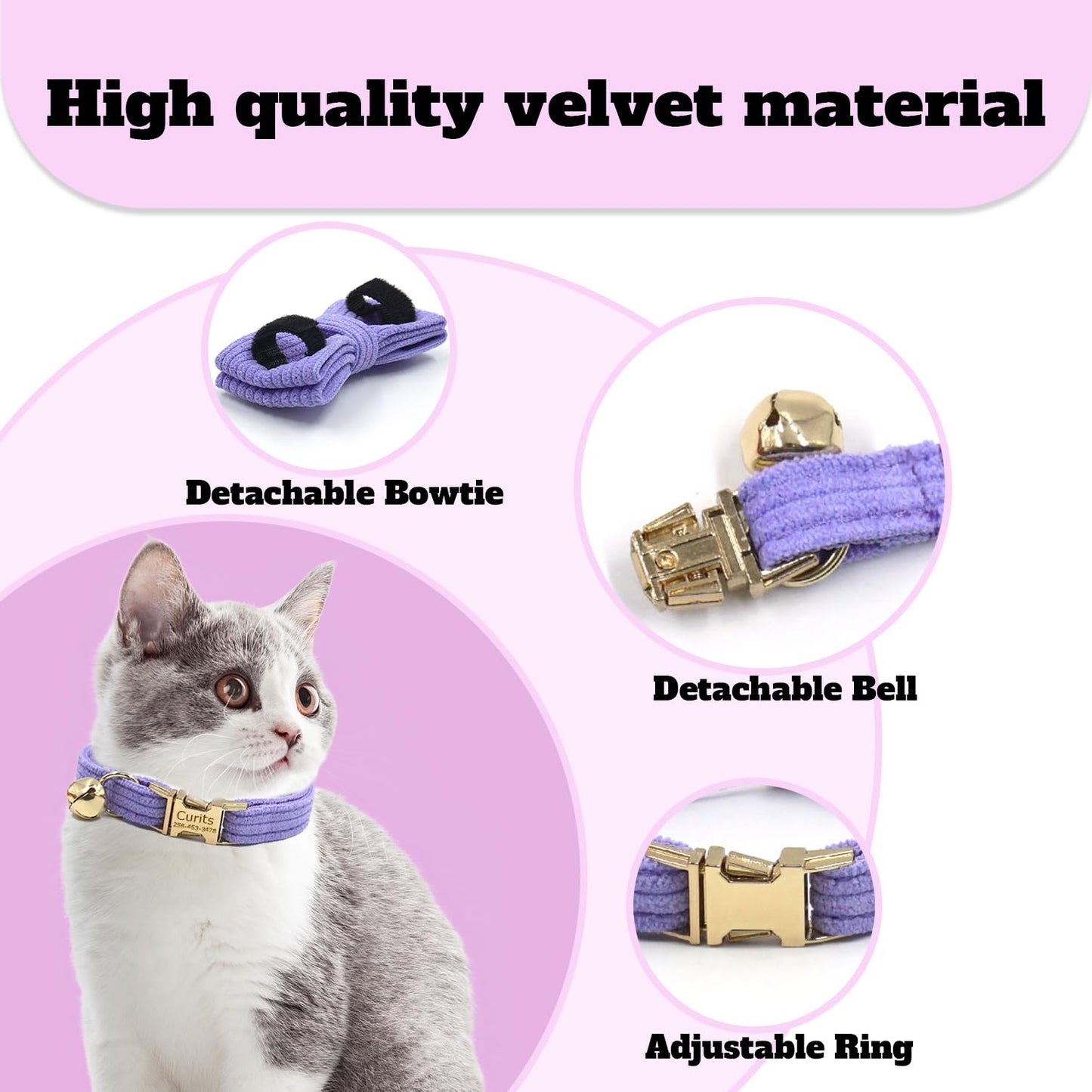 Personalized Cat Collar with Pet Name Phone Number Engraved Metal Buckle, Customized Adjustable Velvet Collars with Bell for Kittens