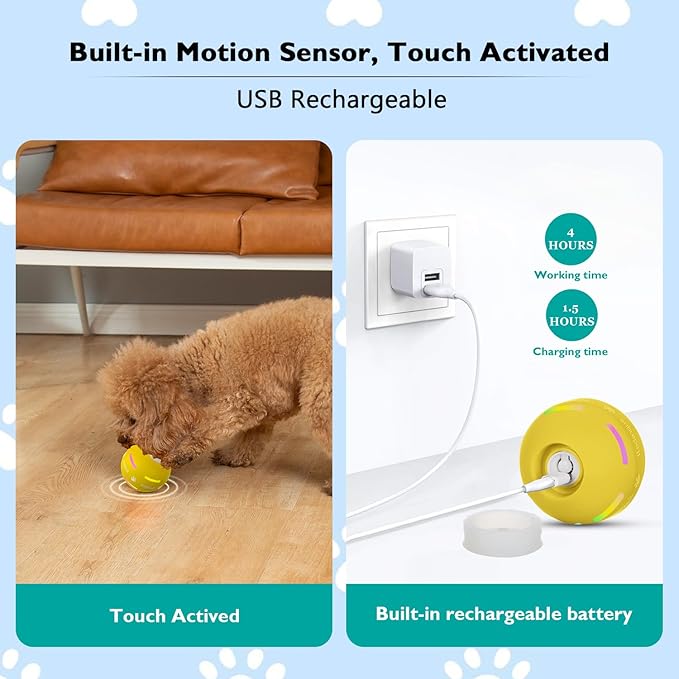 Dog Balls,The 3rd Generation Interactive Toys for Puppy/Small/Medium/Large Dogs,Improved Dog Rolling Effect Tennis Ball with Strap, Tough Motion Activated Automatic Moving Dog Toys (Yellow)