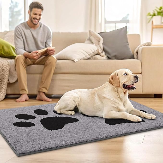 Buganda Dog Door Mat for Muddy Paws, Absorbent Dirt Trapper Washable Indoor Doormats, Non Slip Low-Profile Mud Mat for Dogs, Front Entrance Doormat for Inside Floor (36x24 Inches, Grey)