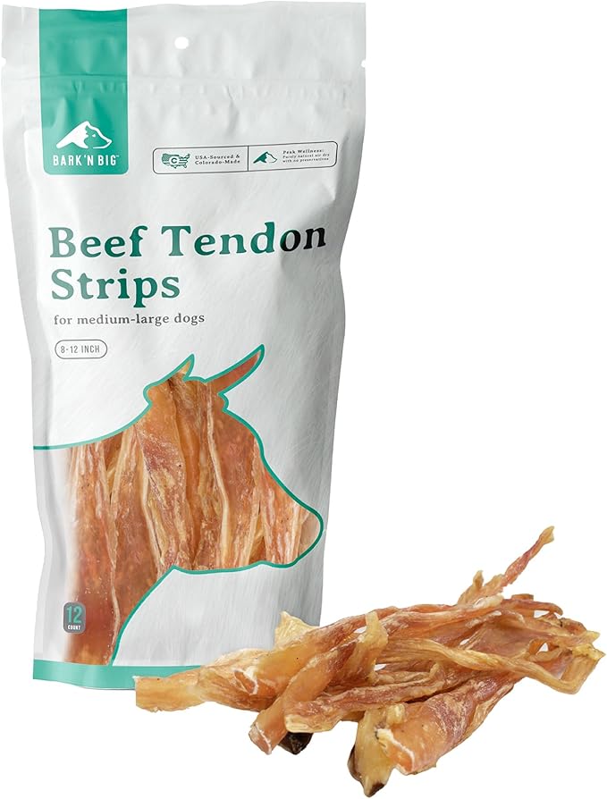 BARK'N BIG Beef Tendons for Dogs Made in USA - Single Ingredient Dog Treat - Premium All-Natural 100% USA Beef, High Protein, Low Fat, Tendon Chews for Dogs - 8-12 Inch - 12 Ct