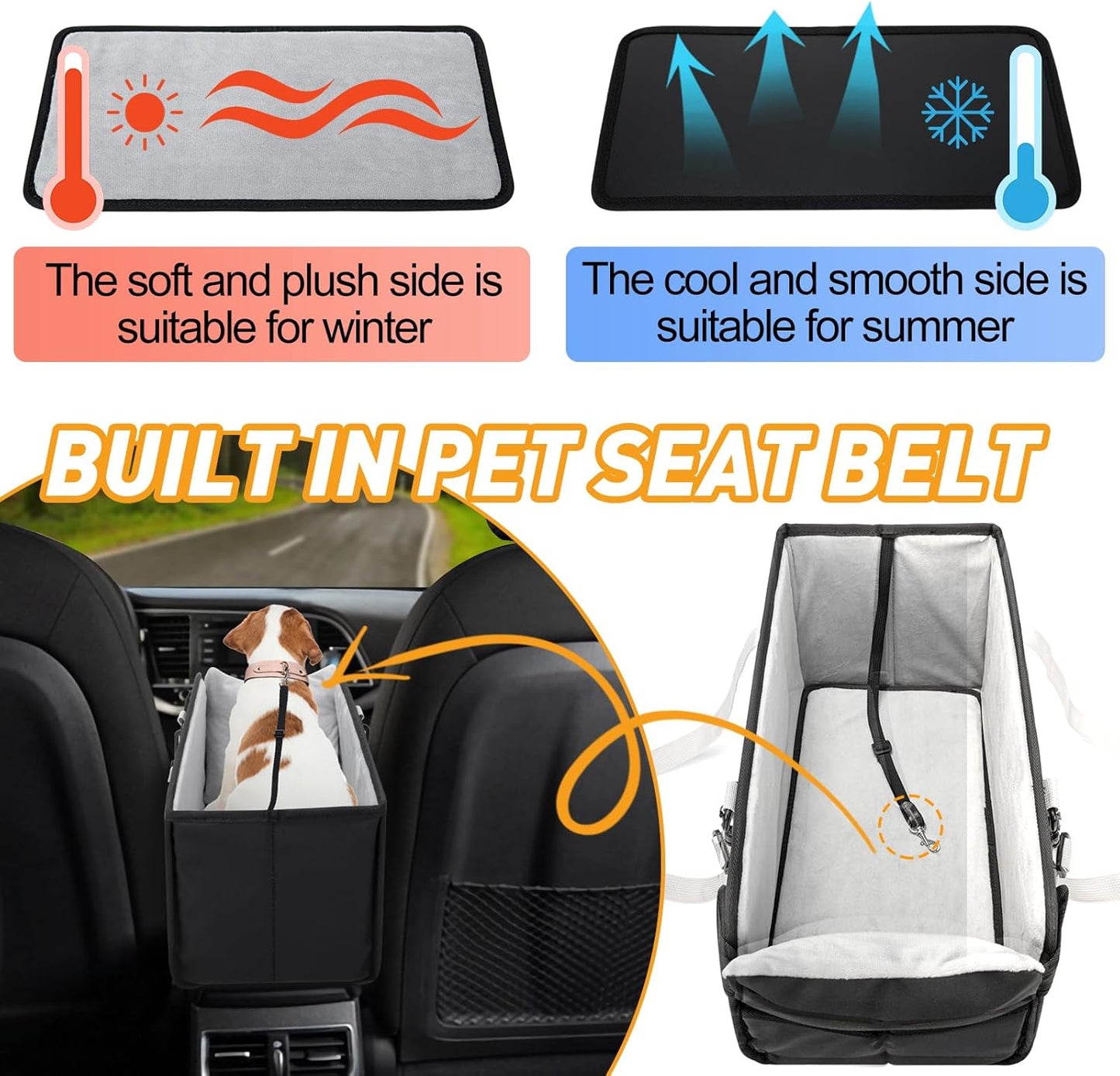 Portable Dog Car Seat for Small Dogs - Adjustable Safety Leash, Washable Cushion & Storage Pocket - Pet Booster Seat for Car Travel- Carbon Black