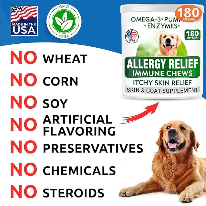 BARK&SPARK Dog Allergy Relief Chews (180 Immune Treats) - Anti-Itch Skin & Coat Supplement - Omega 3 Fish Oil - Dry & Itchy Skin Relief Treatment Pills - Itching, Paw Licking & Hot Spots