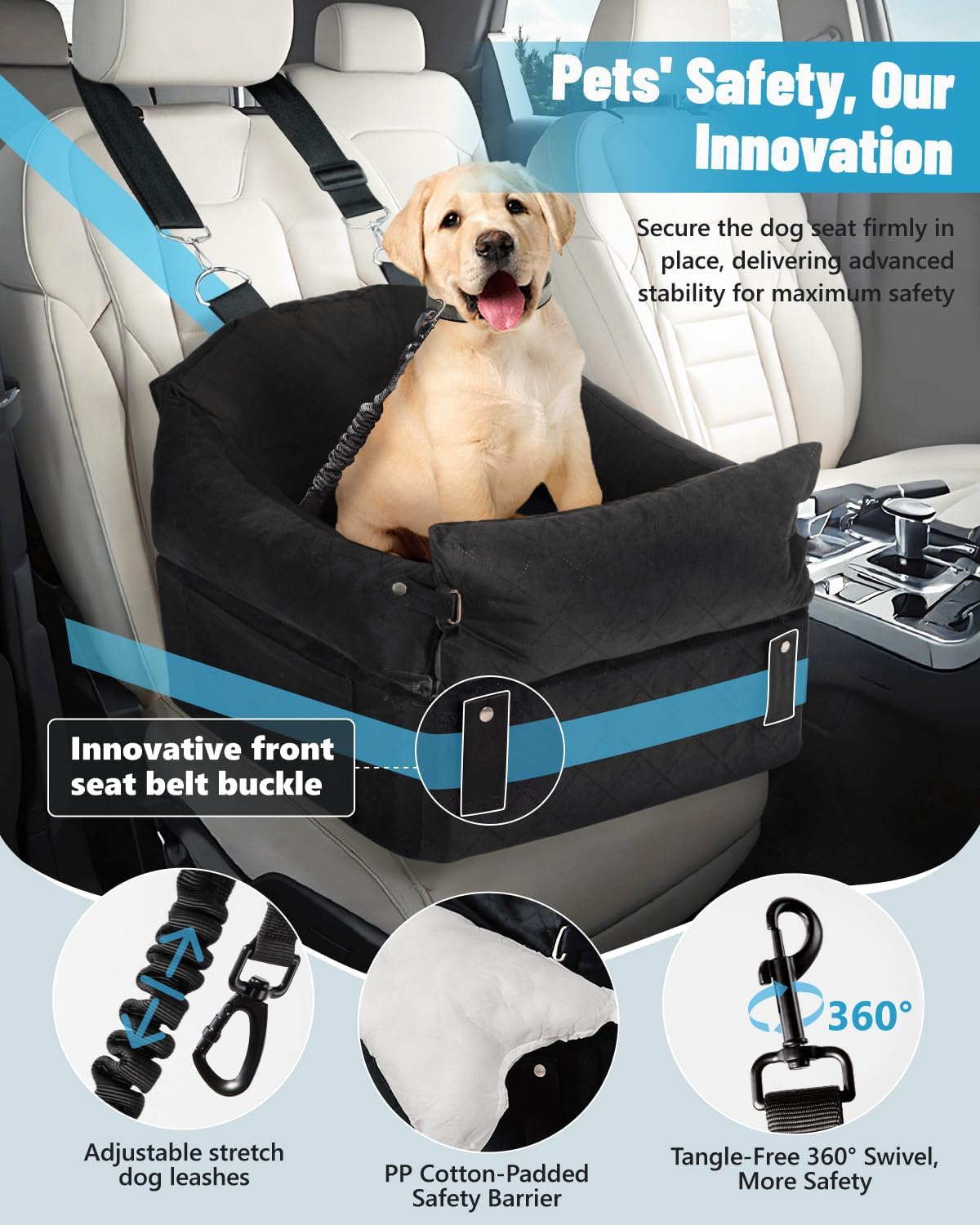 EASTBLUE Dog Car Seat for Small Medium Dogs Up to 35 lbs, Memory Foam Dog Booster Car Seat with Seatbelt, Detachable Washable Pet Carseat for Puppy & Cat, Dogs Travel Bed for Cars (Black)