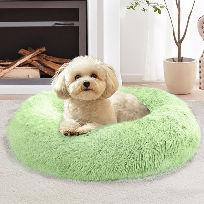 JOLLYVOGUE Calming Dog & Cat Bed for Small Dogs, Anti-Anxiety Donut Cuddler Cozy Soft Round Bed with Anti-Slip Bottom, Fluffy Faux Fur Plush Cushion Beds for Small Medium Pets (23")