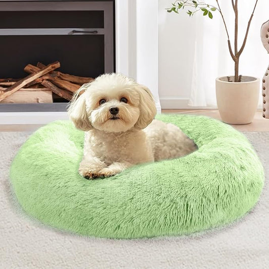 JOLLYVOGUE Calming Dog & Cat Bed for Small Dogs, Anti-Anxiety Donut Cuddler Cozy Soft Round Bed with Anti-Slip Bottom, Fluffy Faux Fur Plush Cushion Beds for Small Medium Pets (23")