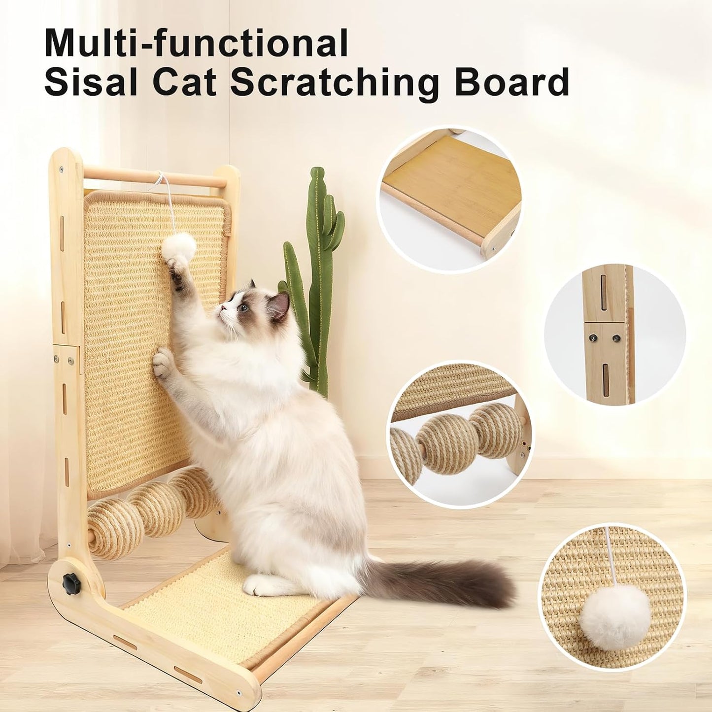 L Shaped Cat Scratching Post, 23.2" Tall Sisal & Wooden Base Cat Scratcher Board for Indoor Cats, Sturdy Vertical Cats Scratching Pad Protects Furniture