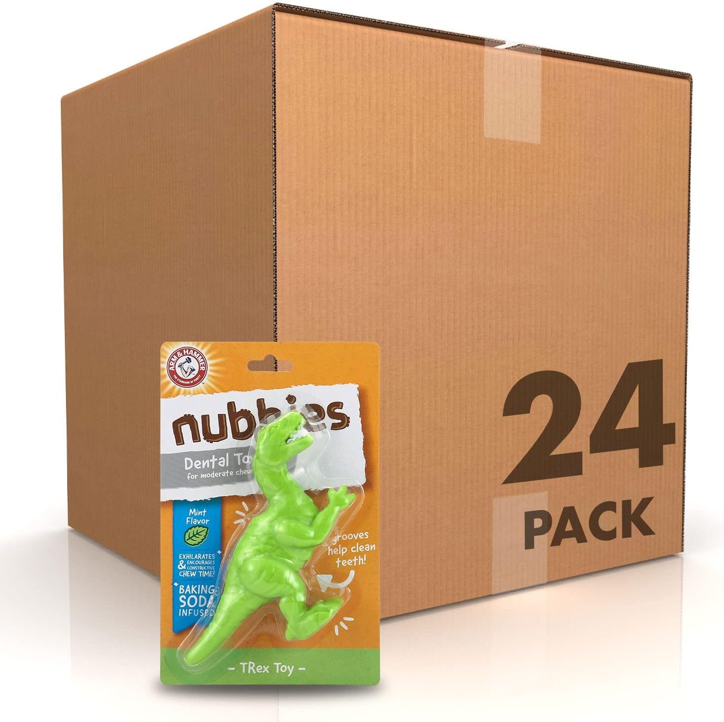 Arm & Hammer for Pets Nubbies Dental Toys T-Rex Dental Chew Toy for Dogs Best Dog Chew Toy for Moderate Chewers Reduces Plaque & Tartar Buildup Without Brushing, Mint Flavor (Pack of 24)