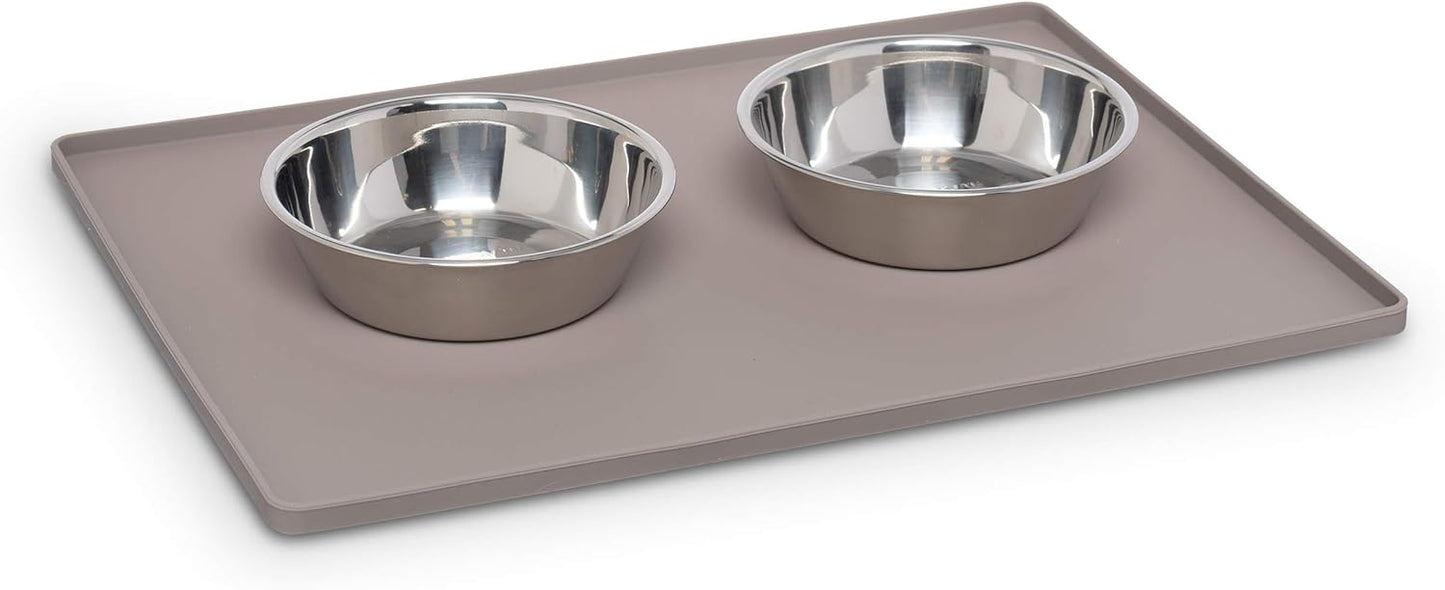 Messy Mutts & Cats Silicone Non-Slip Pet Bowl Mat with Raised Edge | 16” x 12” Dog/Cat Bowl Mat with Spill-Proof Lip | Grey