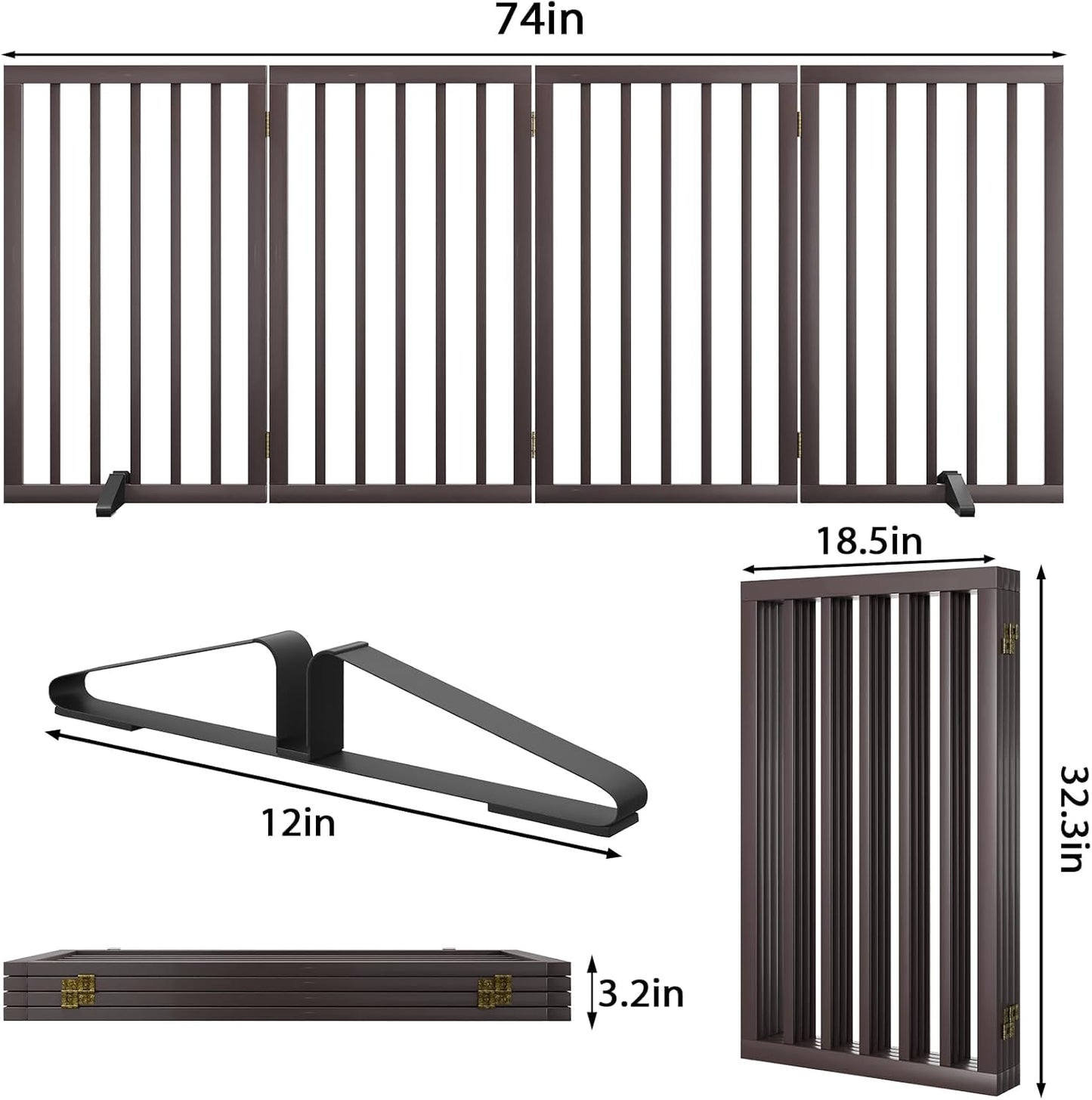 Dog Gate for Doorways 32" Tall Freestanding Dog Gate for Stair Foldable Pet Gate for Dogs Indoor (Brown,4 Panel)