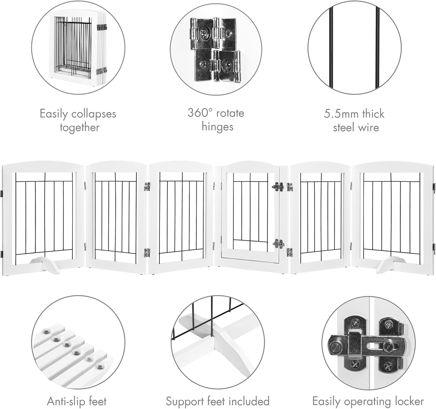 PAWLAND 6 Panels Dog Gate Indoor with Walk Through Door, Foldable FreeStanding Pet Gate for Doorways, Stairs, The Houes, Pet Puppy Safety Fence, 120 in Extra Wide, Support Feet Included, White